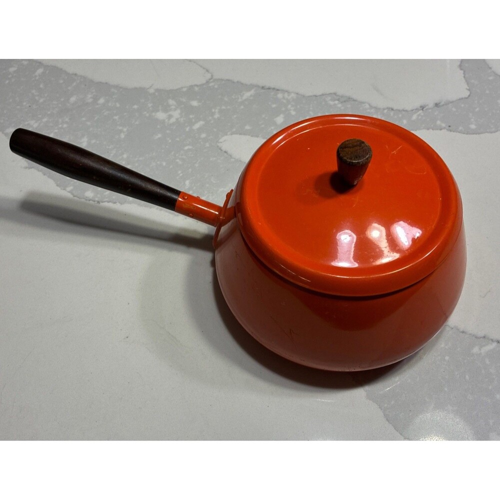 Vintage MCM Fondue Pot Orange Enamel Long Wood Handle and Lid Japan